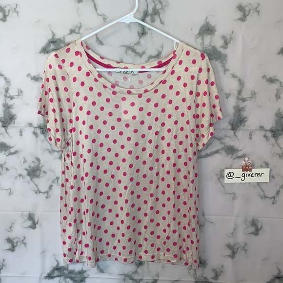 NWT Chloe K Taupe / Pink Polka Dot Large Short Sleeve Shirt - Picture 5 of 10